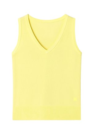 Top giallo senza maniche e scollatura a V con orlo a coste. Texture liscia e colore uniforme, con un piccolo logo accentato in basso a sinistra.