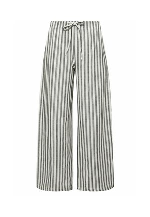 Pantalon à jambes larges avec des rayures verticales noires et blanches et un nœud devant à la taille élastique.