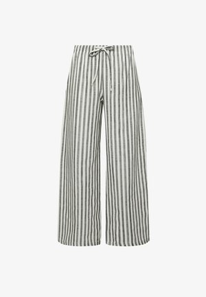 Wijde broek met verticale zwart-wit gestreepte strepen en een strik aan de voorkant van de elastische tailleband.