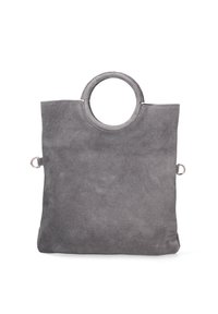 Borsa tote in suede grigio con manico circolare, forma rettangolare e anelli laterali per attacchi hardware. Texture liscia, design minimalista.