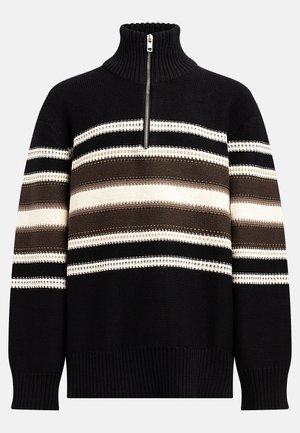 Pulover cu dungi alb-negru, cu guler înalt și închidere cu fermoar. Prezintă dungi orizontale contrastante de culoare maro. Textură tricotată.
