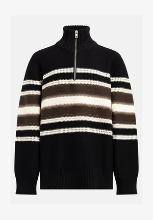Pullover de riscas brancas e pretas com gola alta e fecho de zip. Apresenta riscas horizontais castanhas em contraste. Textura tricotada.