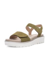 Olive green suede sandal with two straps, a cushioned footbed, and a white sawtooth sole. Features a rounded toe and a minimal design.