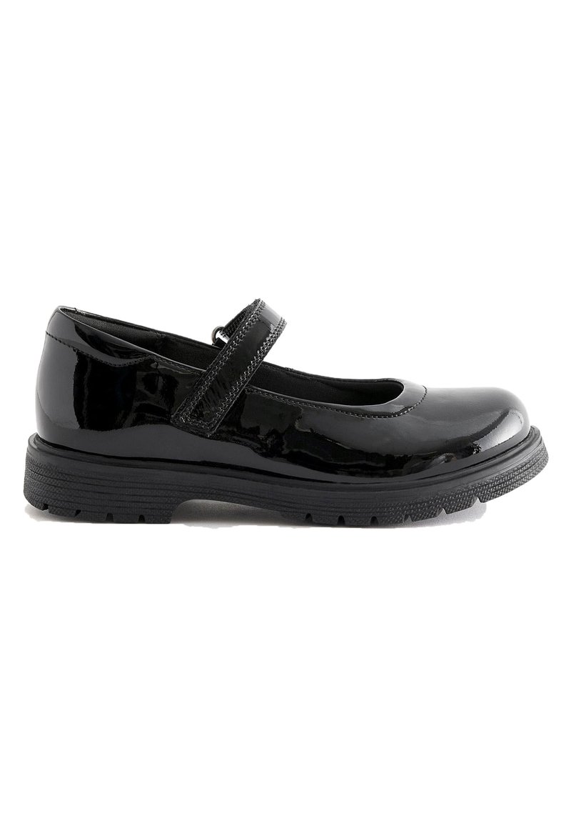 Scarpa Mary Jane in pelle verniciata nera con punta arrotondata, cinturino regolabile e suola in gomma testurizzata. Finitura liscia con accenti minimi.