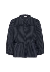 Marinebluse mit breitem Kragen, gefransten Kanten und Ballonärmeln. Sie hat vertikale weiße Nadelstreifen und eine taillierte Passform.