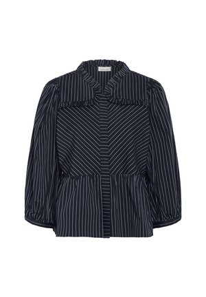 Blouse rayée marine avec un large col, des bords volants et des manches bouffantes. Présente des rayures verticales blanches et une taille ajustée.