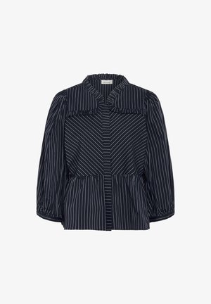 Blouse rayée marine avec un large col, des bords volants et des manches bouffantes. Présente des rayures verticales blanches et une taille ajustée.