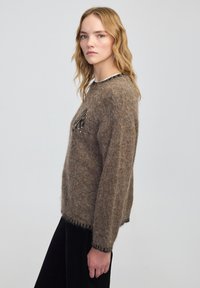 Bruine, fluffy gebreide trui met een ronde halslijn en zwarte afwerking. Heeft een subtiel design met versieringen aan de voorkant.