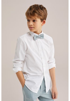Dječak svijetlosmeđe kose, odjeven u bijelu košulju s gumbima, svijetloplavi leptir mašnu i hlače u istoj boji, gleda u stranu s rukama u džepovima.