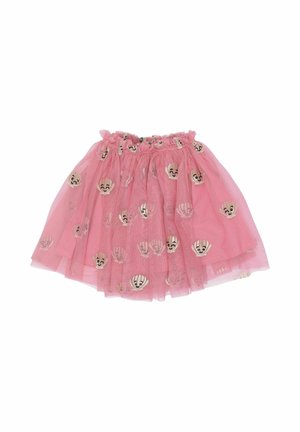 Ružová tutu sukňa s volánovým pásom, zdobená vzorom zlatých a bielych mušlí. Ľahký a viacvrstvový dizajn.