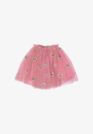 Ružová tutu sukňa s volánovým pásom, zdobená vzorom zlatých a bielych mušlí. Ľahký a viacvrstvový dizajn.