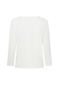 White long-sleeve shirt with a wide neckline, made of smooth cotton. Features a simple design and a straight hem, no patterns or accents.