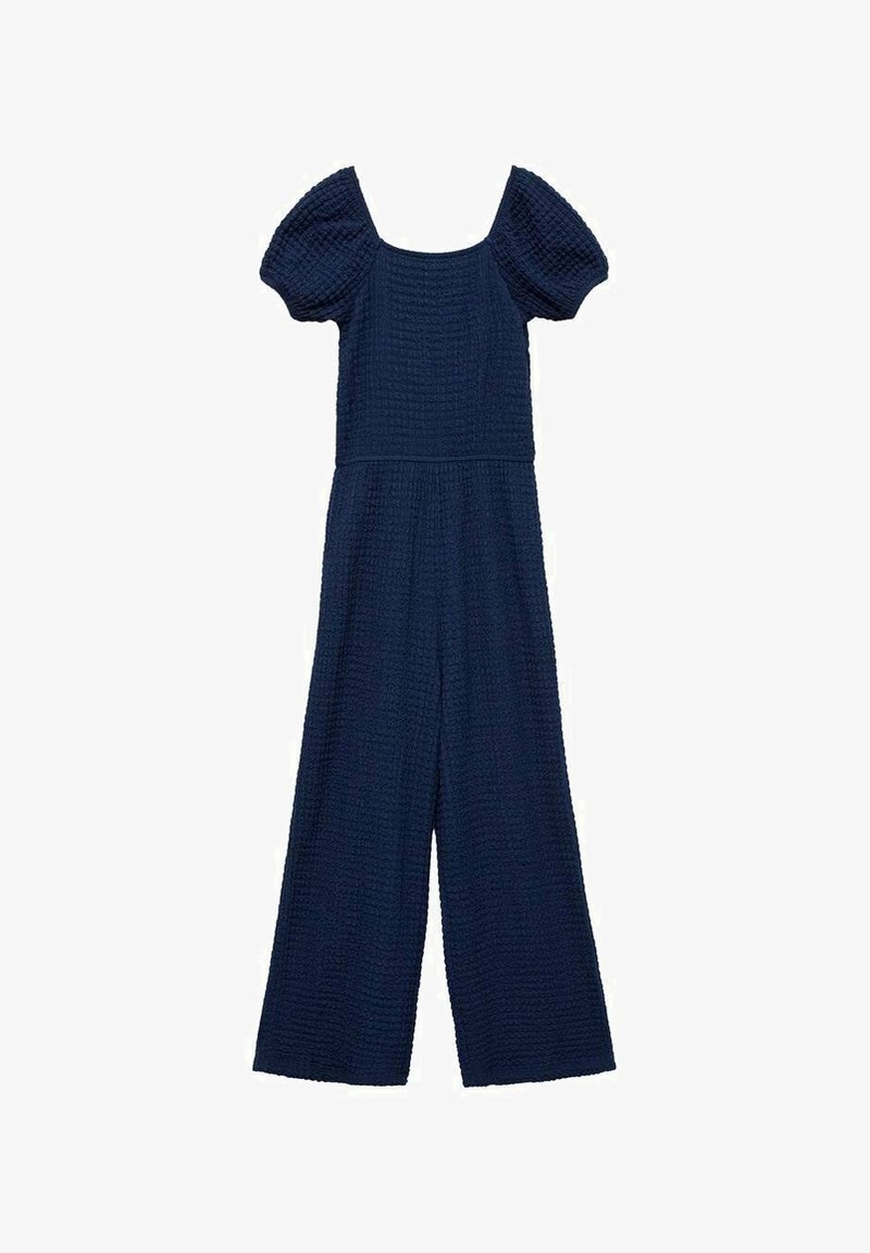 Navy blue haalari, jossa on teksturoitu kangas, neliskulmainen kaula-aukko, puffihihat ja leveälahkeinen tyyli. Omistaa istuvan vyötärön.