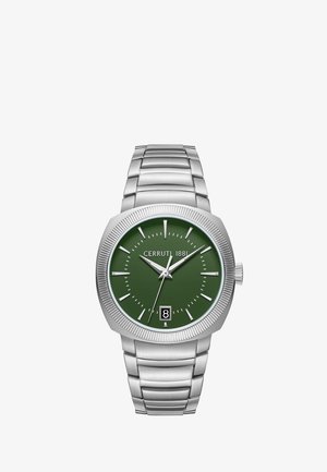 Orologio da polso in metallo argentato con quadrante verde, indici delle ore in argento, tre lancette, indicazione della data alle 6 e nome del marchio Cerruti 1881 sul quadrante.