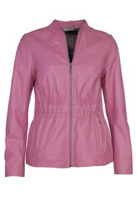 Rosa Lederjacke mit taillierter Passform, Reißverschluss und elastischem Gummizug an der Taille. Mit zwei seitlichen Taschen und Stehkragen.