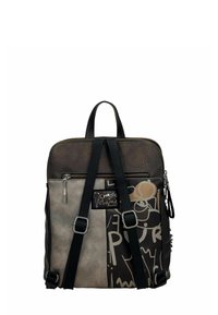 Zaino realizzato con un mix di ecopelle grigia e nera. Caratterizzato da stampe grafiche, doppi spallacci e scomparti con chiusura a zip.