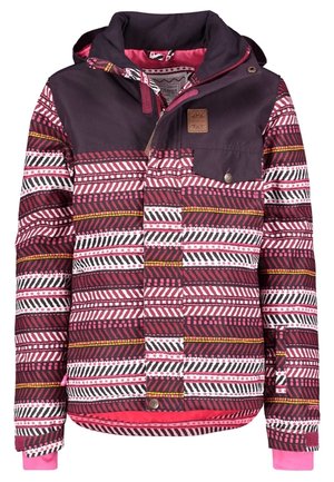Isolierte Jacke mit einem bordeaux- und weißen Tribal-Muster, dunkellila Oberteil, rosa Akzenten, Knopfverschluss und Kapuze.