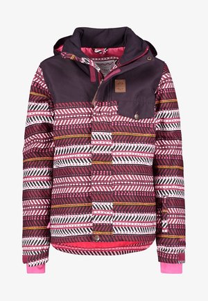 Veste isolante avec un motif tribal maroon et blanc, une partie supérieure violet foncé, des accents roses, une fermeture à boutons et une capuche.