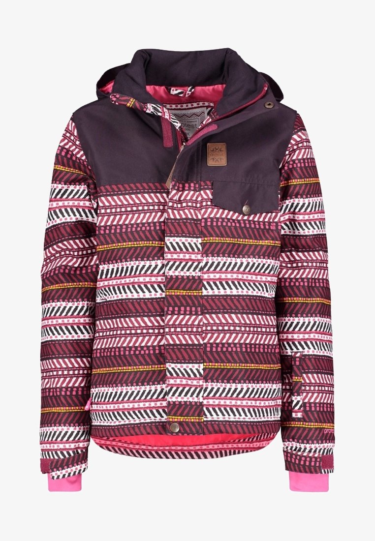 Veste isolante avec un motif tribal maroon et blanc, une partie supérieure violet foncé, des accents roses, une fermeture à boutons et une capuche.