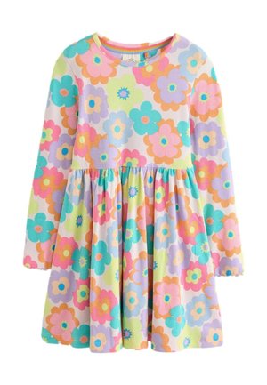 Long-sleeve children's dress with colorful large pastel flower patterns in pink, orange, blue, green, and purple on a white background.