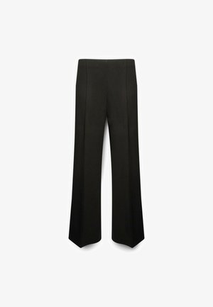 Schwarze weite Hose aus glattem Stoff, mit einem maßgeschneiderten Design, klaren Linien und ohne sichtbare Beschläge oder Muster.