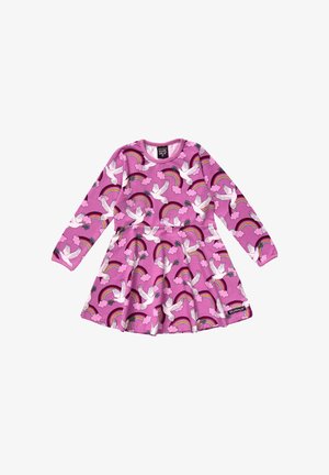 Long-sleeve dress in pink fabric featuring a pattern of white doves, rainbows, and clouds. Flared skirt and rounded neckline.