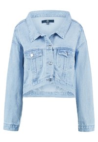 Ljusblå denimkort jacka med långa ärmar, knäppning framtill, bröstfickor och klassisk krage. Har en fransad fålldetalj.