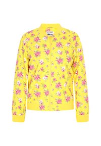 Giacca bomber floreale in giallo brillante con fiori rosa e bianchi. Presenta una chiusura con zip, polsini a coste e tessuto testurizzato.