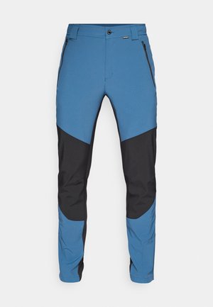 Blue and black outdoor pants featuring a fitted design, zippered pockets, and distinct color blocking with a smooth, stretchy texture.