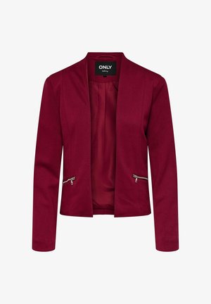 Bordeaux blazer lavet af stof med en glat tekstur. Har skrå forlommer med sølv lynlåse og et afslappet kravefrit design.