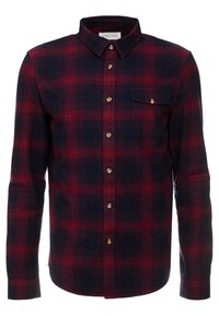 Camicia da uomo a maniche lunghe con bottoni in plaid rosso e blu scuro, dotata di una tasca sul petto con bottone e colletto.