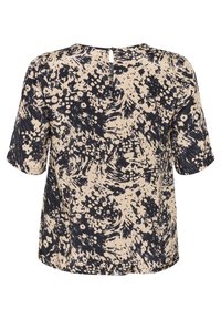 Blouse à manches courtes avec un motif abstrait beige et noir, en tissu léger, col rond et détail en forme de trou de serrure dans le dos.