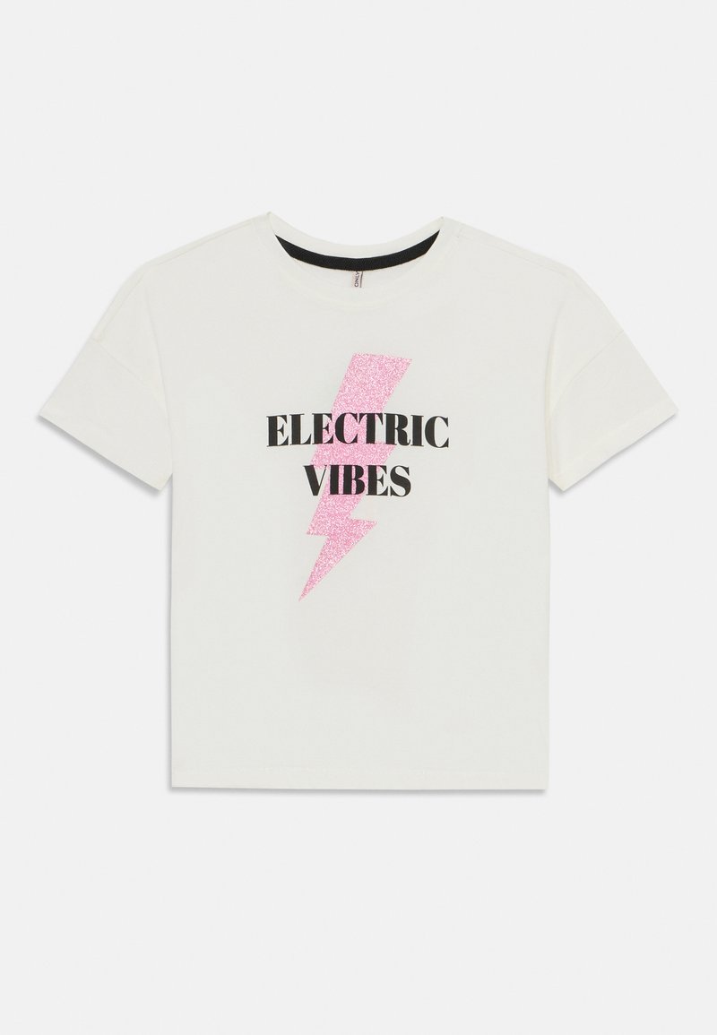 Hvid kortærmet t-shirt med et pink glitrende lynbolt grafik og "ELECTRIC VIBES" i fed sort skrift.