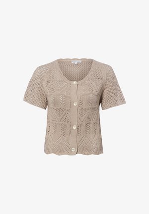 Beige gebreid korte mouw vest met een ronde hals, vier witte knopen en een gestructureerd kanten patroon over het hele kledingstuk.