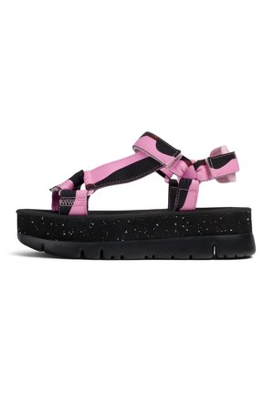 Platform sandals with a black speckled sole and pink nylon straps. Features adjustable straps and a cushioned insole for comfort.