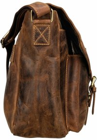 Borsa a tracolla in pelle marrone con una finitura testurizzata, hardware in ottone e tracolla regolabile; presenta una tasca laterale per riporre oggetti.