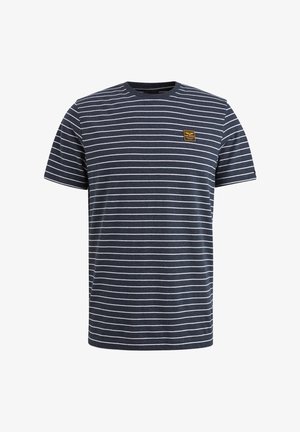 Niebieska i biała w paski koszulka z krótkim rękawem, okrągłym dekoltem i małą prostokątną łatką z logo na piersi. Wykonana z mieszanki bawełny.