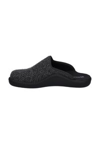 Gray knitted slip-on slippers with a textured upper, black rubber sole, and a low-profile design. Smooth interior lining for comfort.