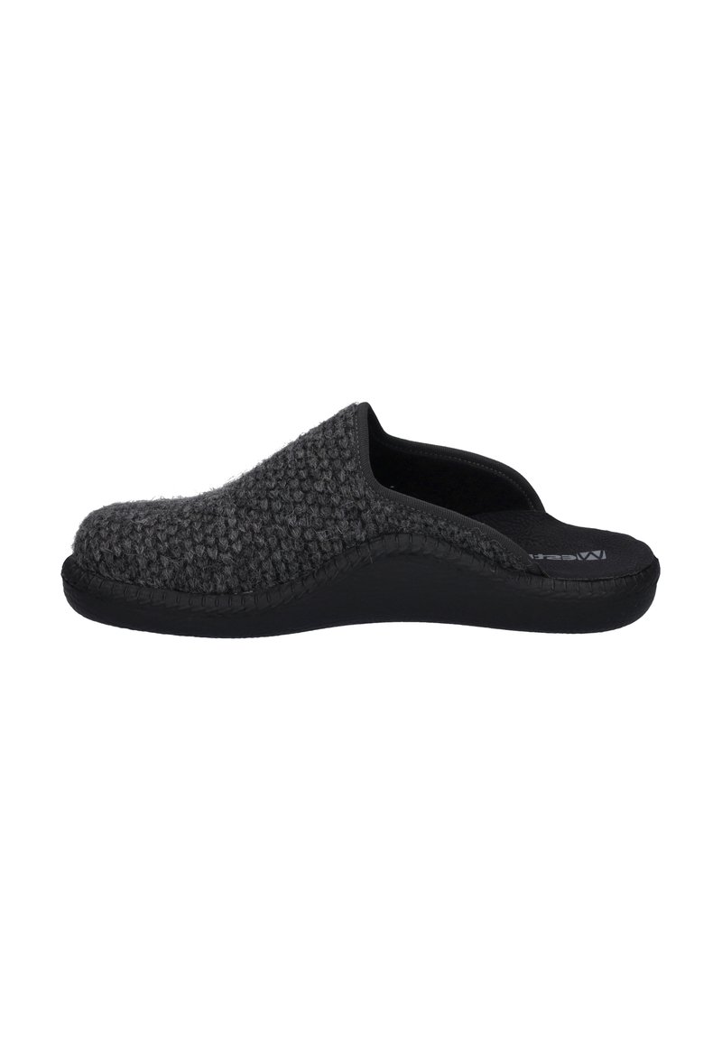 Gray knitted slip-on slippers with a textured upper, black rubber sole, and a low-profile design. Smooth interior lining for comfort.
