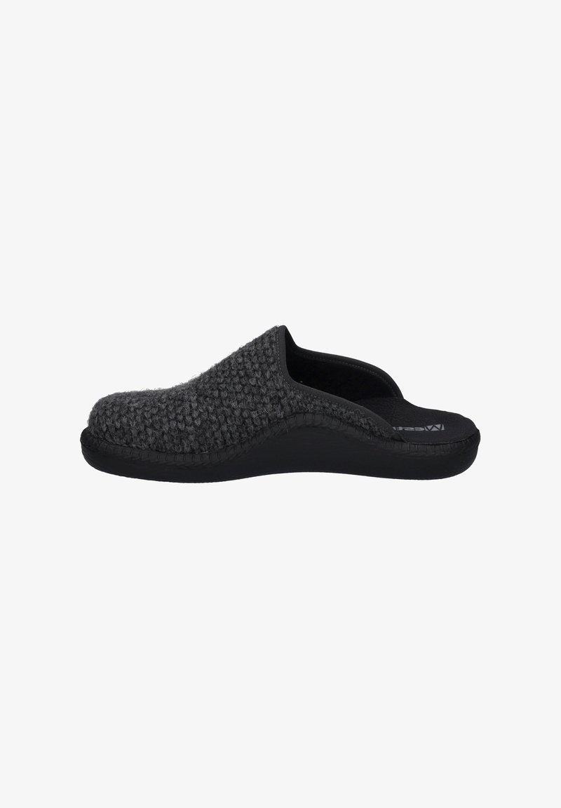 Gray knitted slip-on slippers with a textured upper, black rubber sole, and a low-profile design. Smooth interior lining for comfort.