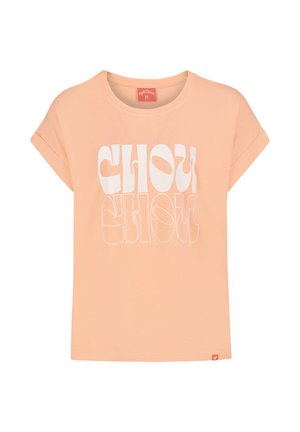 Peach-colored short sleeve t-shirt with white stylized text "Chou Chou" on front and a small heart tag at bottom hem.