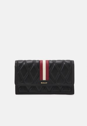Black quilted leather wallet with red and white vertical stripes and gold "BALLY" logo on front flap closure.