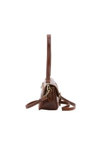 Braune Lederhandtasche mit elegantem Design, ausgestattet mit einem langen Trageriemen, kontrastierenden Nähten und goldfarbenen Beschlägen.