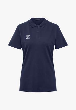 Marinblå polo t-shirt i bomuldsblanding, med klassisk krave, tre-knap lukning, korte ærmer og et hvidt logo på venstre bryst.