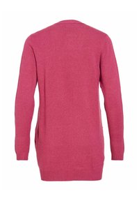 Cardigan rose tricoté à manches longues, longueur aux genoux, avec poignets et ourlet côtelés, montré de dos sur un fond blanc.