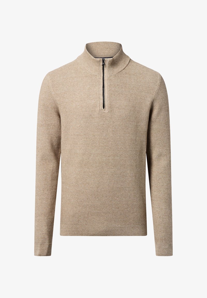 Beige gebreide trui met een halve ritssluiting, hoge hals en een textuurpatroon. Lange mouwen en geribbelde manchetten, met een schone, eenvoudige uitstraling.
