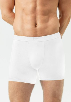 Männlicher Torso in schlichten weißen Boxershorts, Hände hinter dem Rücken verschränkt, sichtbarer Bauch und obere Oberschenkel, neutraler Hintergrund.