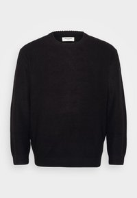 Pull noir avec un motif en maille texturée, col rond et manches longues ; design simple sans logos ni accents visibles.