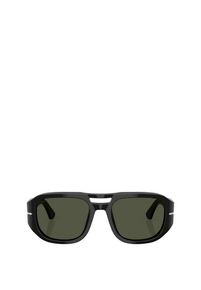 Sorte solbriller med en rektangulær ramme, mørkegrønne linser og sølvdetaljer ved tindingerne. Har et markant brodesign.