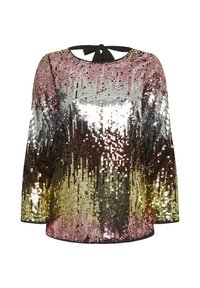 Top de lentejuelas con un diseño en degradado en rosa, plata y oro. Mangas largas, escote redondo y cierre con lazo negro en la parte posterior.